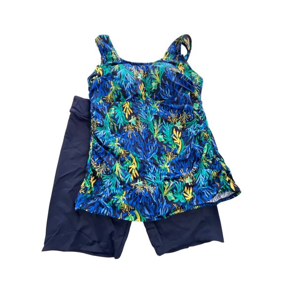Denim and Co Beach Bike Short Tankini Mastectomy Friendly Sz 14 Blue Coral Swim - Picture 2 of 11